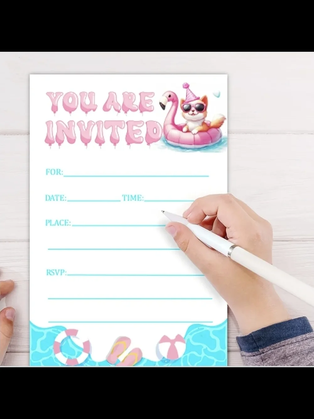 Pool Party 30 Cards & 30 Envelope Invitations Pink Flamingo Float & A Cat Summer